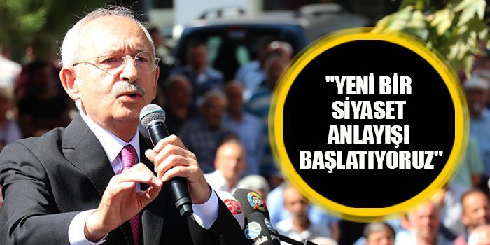 CHP Genel Başkanı Kemal Kılıçdaroğlu, Türkiye’de yeni bir siyaset anlayışı başlattıklarını belirterek, “Kavgadan uzak, herkesi seven bir siyaset anlayışı. Her kuruşun hesabını veren, yolsuzluğa kapalı, alın terine değer veren bir siyaset anlayışı başlatıyoruz" dedi.