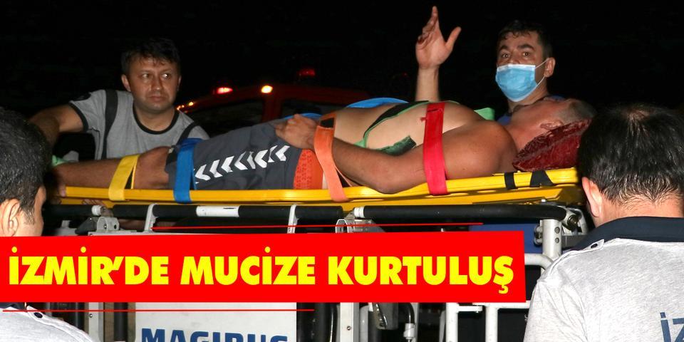 İzmir'in Karşıyaka ilçesinde 5. katın balkonundan birinci kattaki tentenin üzerine düştüğü iddia edilen kişiyi itfaiye ekipleri vinç yardımıyla kurtardı. ( Mustafa Güngör - Anadolu Ajansı )