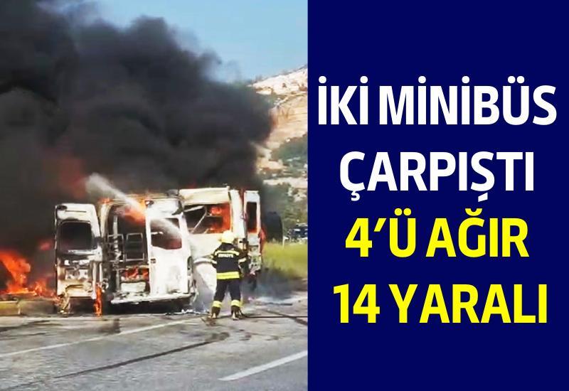 Muğla’nın Milas ilçesinde iki minibüsün çarpışması sonrası başlayan yangın iki minibüs de yanarak kullanılmaz hale geldi. Kazada, 4'ü ağır 10 kişi yaralandı.