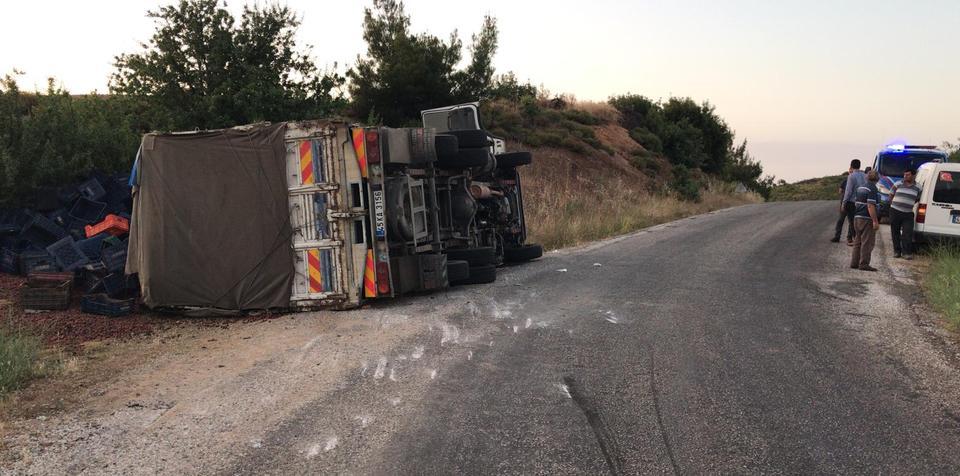 Manisa'nın Turgutlu İlçesinde kiraz yüklü kamyonun devrilmesi sonucu 1 kişi yaralandı. ( Haluk Satır - Anadolu Ajansı )