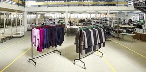 indoor clothing factory, clothes hanging