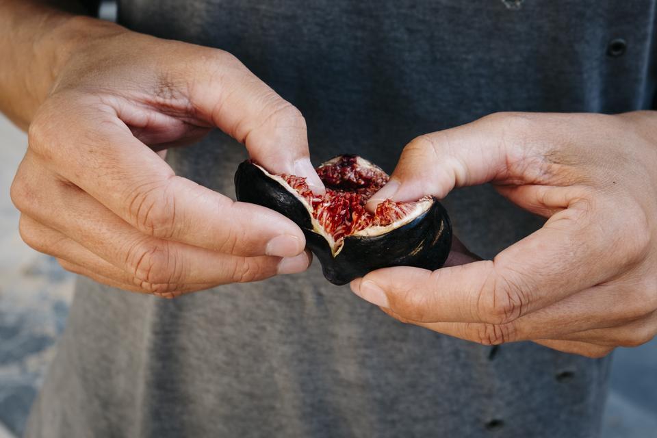 closeup of a young caucasian man outdoors, in casual wear, opening a fig with his hands