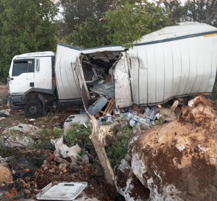 Kamyon bariyerleri aşıp şarampolde ağaçlara çarptı