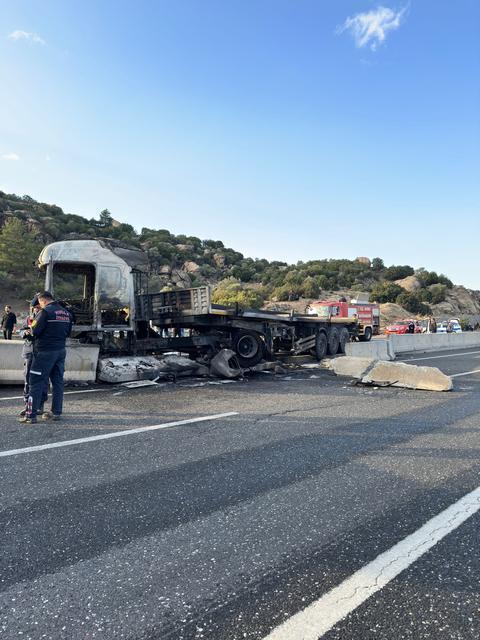 Çine sınırında bariyerlere çarpan tır alev aldı