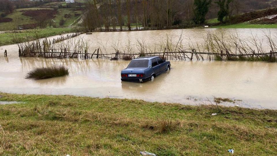 Kontrolden çıkan otomobil su birikintisine düştü