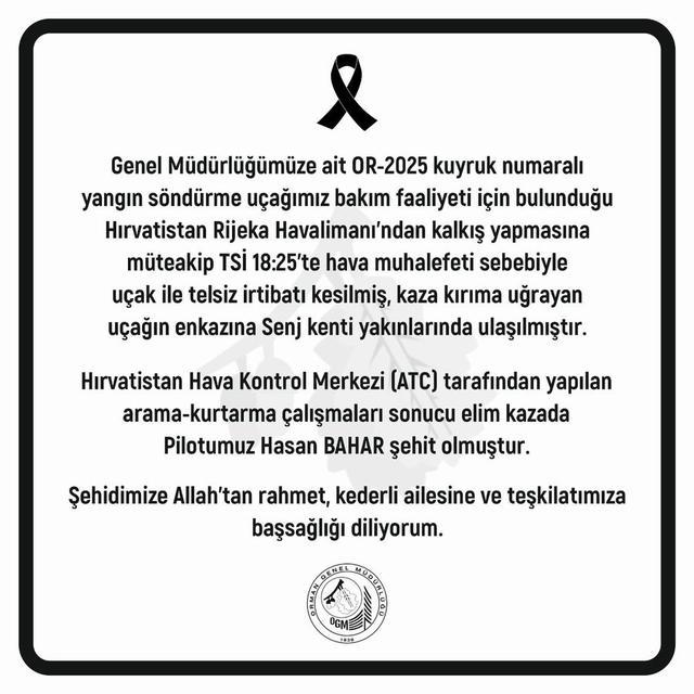 Orman Genel Müdürü Karacabey’den şehit pilot için başsağlığı mesajı