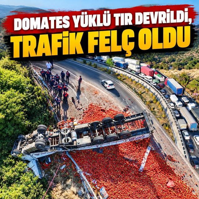 Domates yüklü tır devrildi, trafik felç oldu