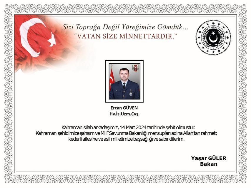 MSB'DEN ŞEHİT ERCAN GÜVEN İÇİN BAŞSAĞLIĞI MESAJI