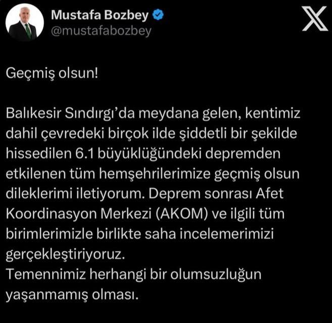 Başkan Bozbey'den deprem mesajı