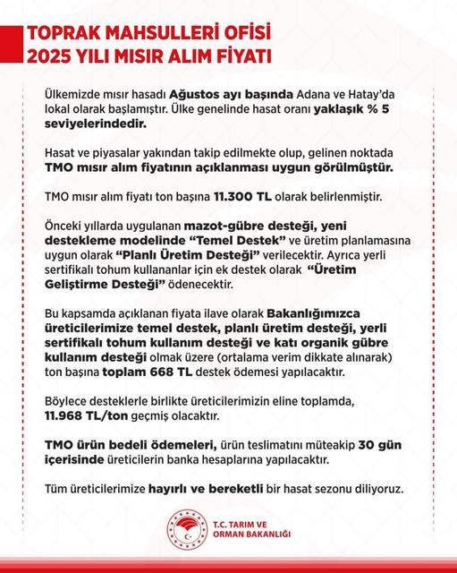 2025 yılı mısır alım fiyatları belirlendi
