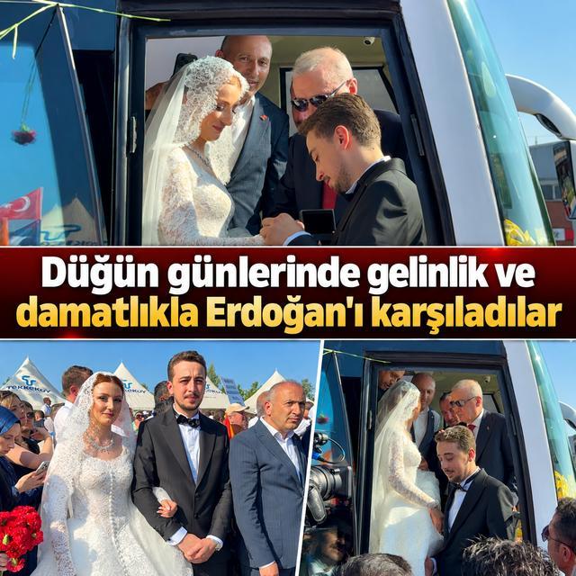 Düğün günlerinde gelinlik ve damatlıkla Erdoğan'ı karşıladılar