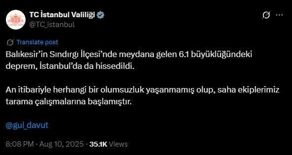 İstanbul Valiliğinden deprem açıklaması