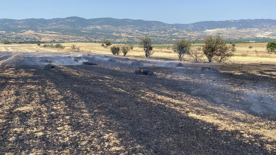 Balya makinesinden çıkan yangın tarım arazisini küle çevirdi
