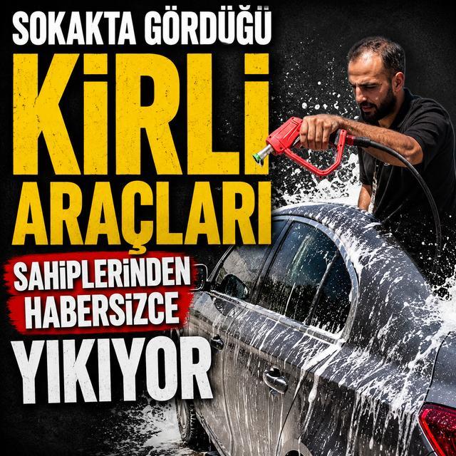 Sokakta gördüğü kirli araçları sahiplerinden habersizce yıkıyor