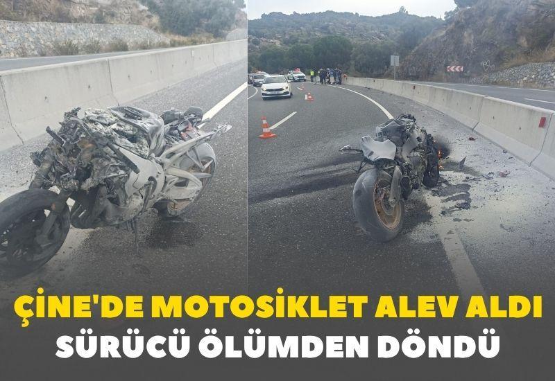 Çine'de motosiklet alev aldı sürücü ölümden döndü