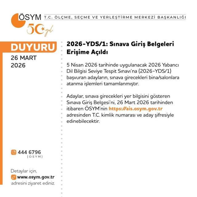 2026-YDS/1: sınava giriş belgeleri erişime açıldı