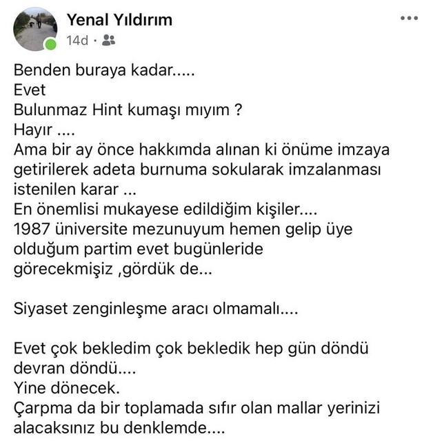 CHP'Lİ ŞEHZADELER BELEDİYESİNDE RANT İDDİASI ŞEHZADELER BELEDİYE BAŞKAN YARDIMCISI YENAL YILDIRIM, "SİYASET ZENGİNLEŞME ARACI OLMAMALI" DEYİP İSTİFA ETTİ BAŞKAN GÜLŞAH DURBAY'DAN İDDİALARLA İLGİLİ SUÇ DUYURUSU