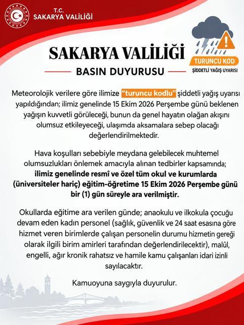 Sakarya'da okullar 1 gün tatil edildi