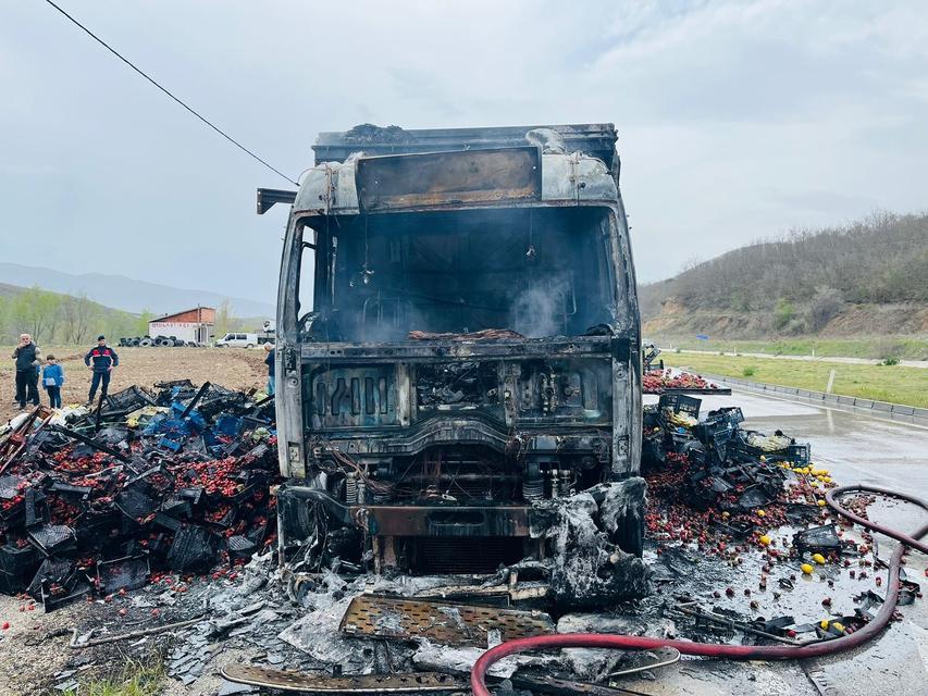 Çilek yüklü kamyon yandı