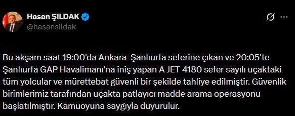 Vali Şıldak: "Yolcular ve mürettebat güvenli bir şekilde tahliye edildi"