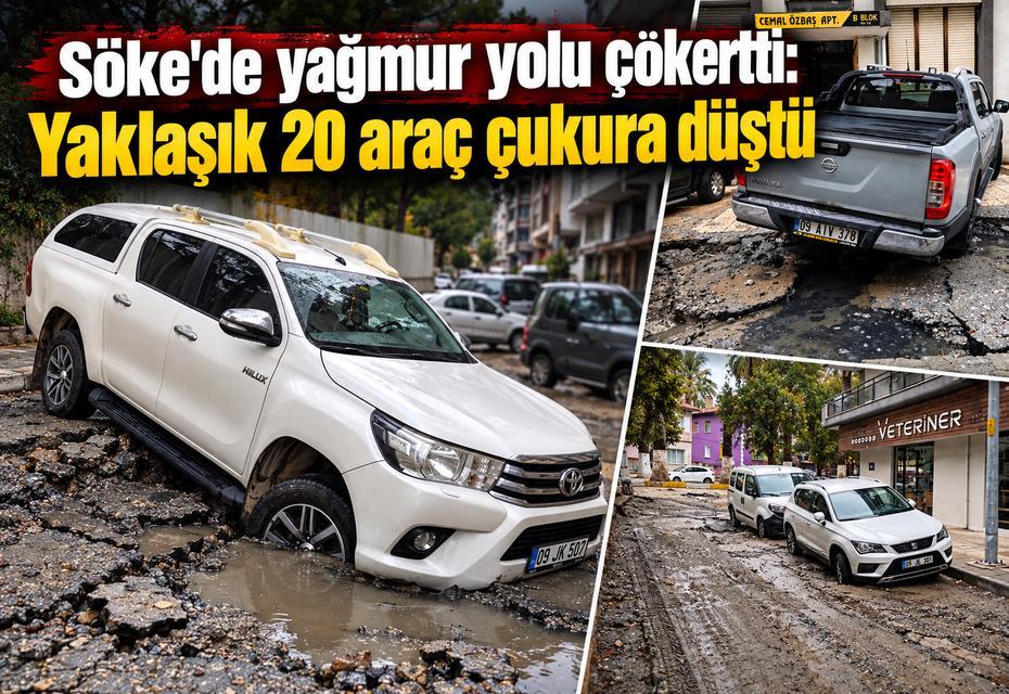 Söke'de yollar çöktü: Yaklaşık 20 araç çukura düştü