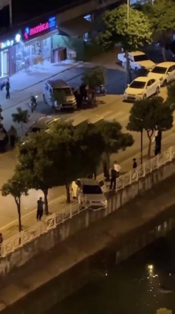 Otomobil, sulama kanalı korkuluğuna çarpıp asılı kaldı