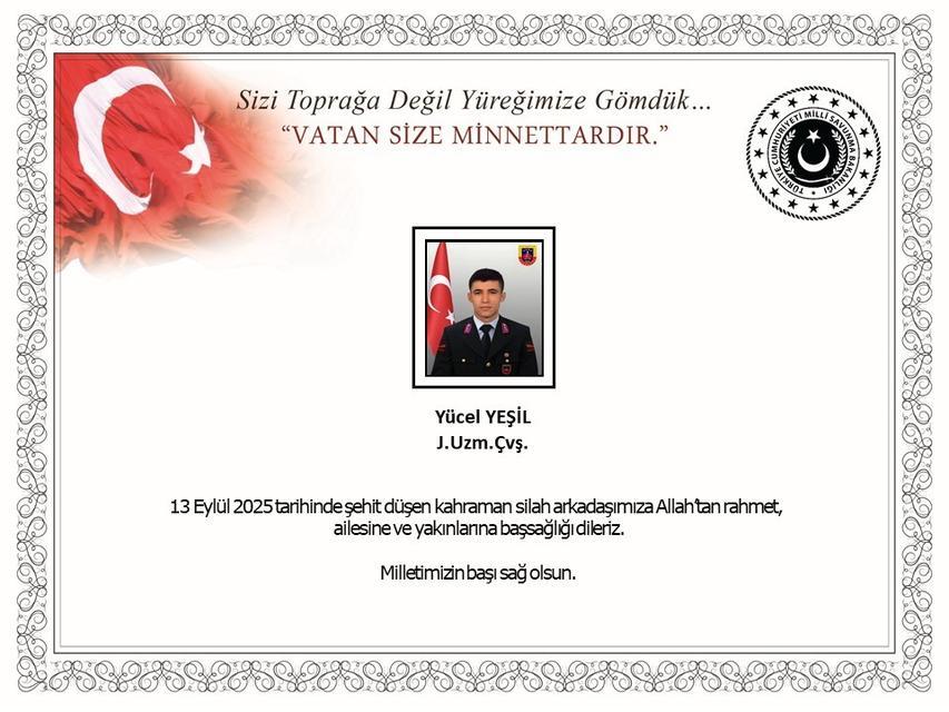 MSB’den şehit Uzman Çavuş Yücel Yeşil için başsağlığı mesajı