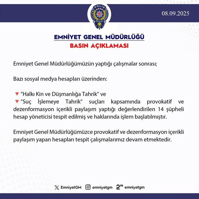 14 sosyal medya hesabına soruşturma