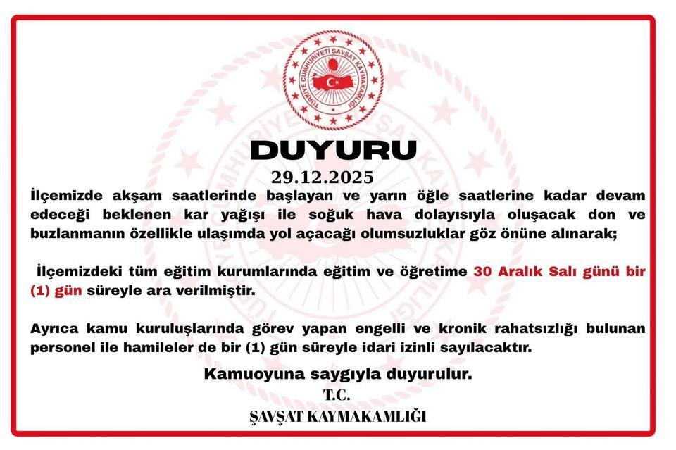 Şavşat’ta kar yağışı nedeniyle eğitime 1 gün ara verildi