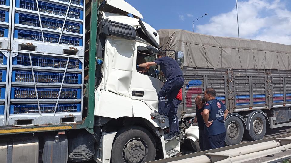 Tavuk yüklü tır, önündeki kamyona çarptı: 2 yaralı