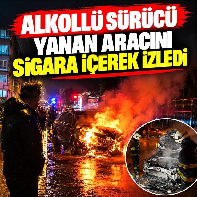 Alkollü sürücü yanan aracını sigara içerek izledi
