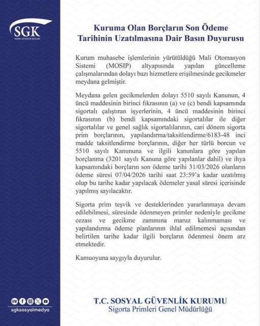 SGK duyurdu: Borçların son ödeme tarihini uzatıldı