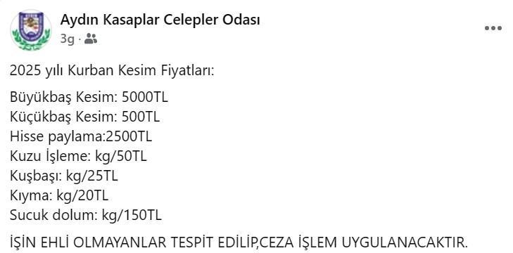 Aydın’da kurban kesim ücretleri belli oldu